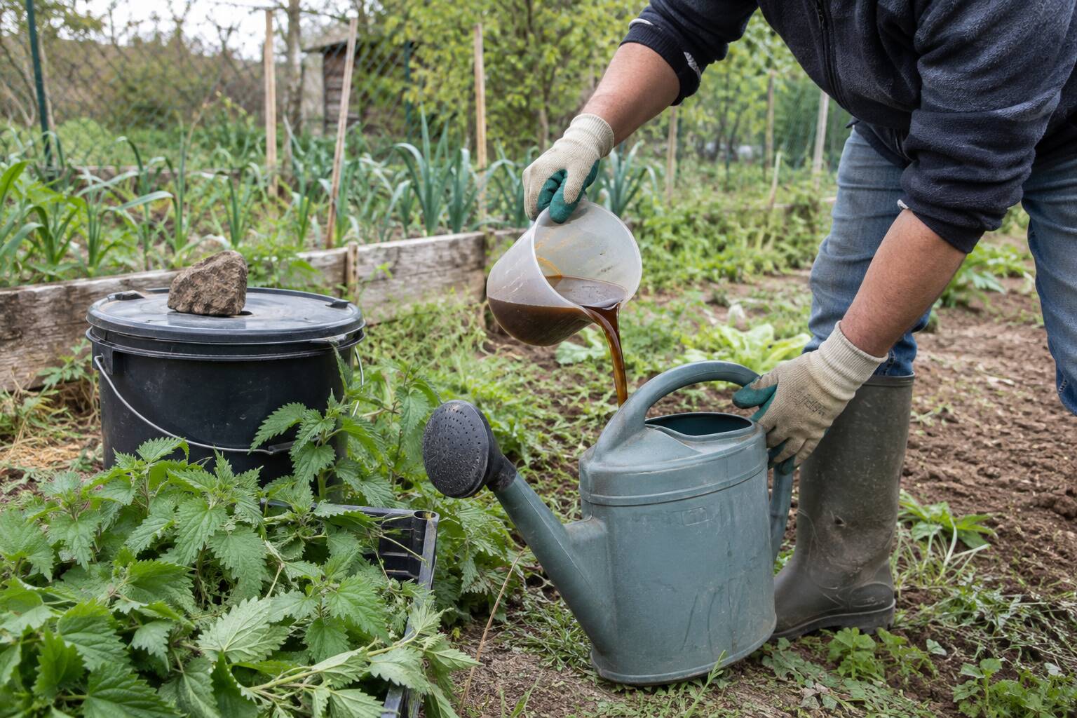 Dans un jardin, une personne, vêtue de gants et de bottes