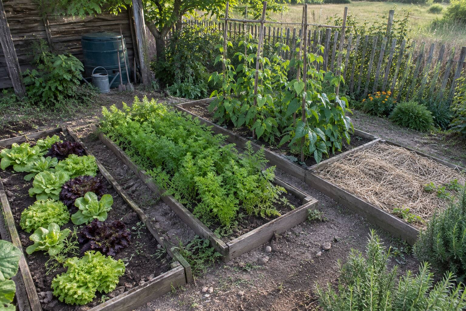 Des plates-bandes surélevées où poussent des légumes-feuilles, des carottes et d’autres légumes